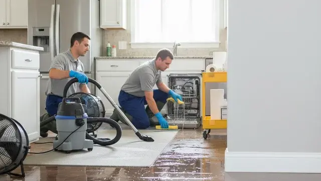 Appliance leak cleanup in a kitchen with restoration equipment