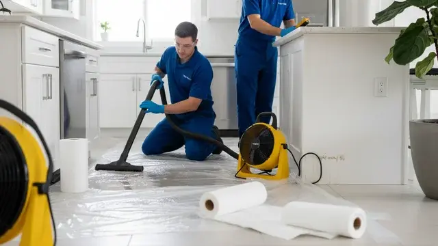 Water damage cleanup after an appliance leak in a residential home