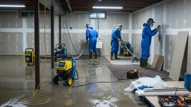Restoration crew extracting water from a flooded basement