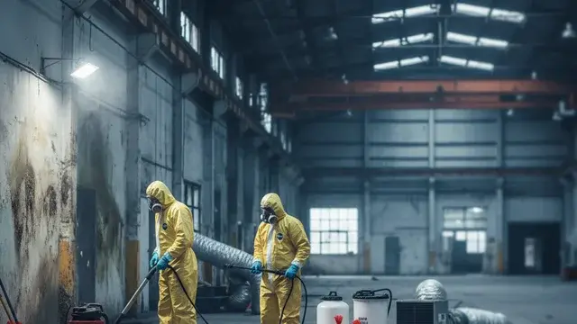 Biohazard cleanup crew in full hazmat PPE with regulated waste containment