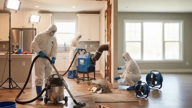 Burst pipe water damage cleanup with professional extraction equipment