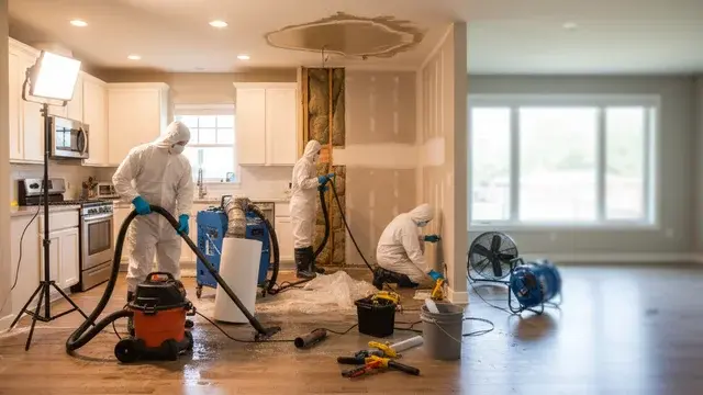Technician cleaning up water damage from a burst pipe incident