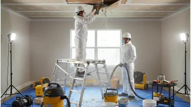 Ceiling water damage repair work in progress inside a home
