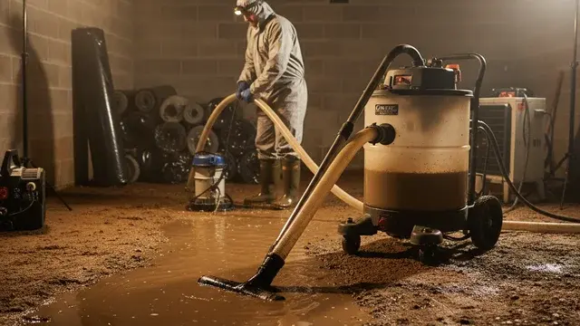 Technician performing crawlspace water extraction and drying