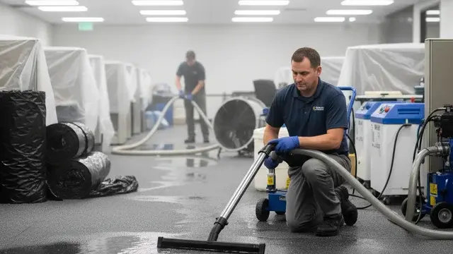 Technicians removing standing water from a flooded commercial space