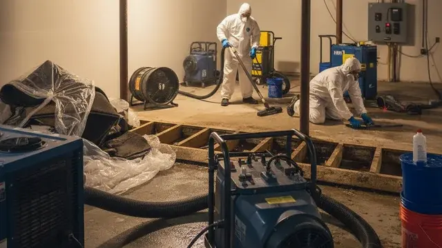 Flood cleanup technicians removing water and damaged materials