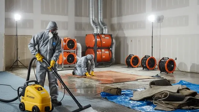 Flood restoration equipment drying a water-damaged home