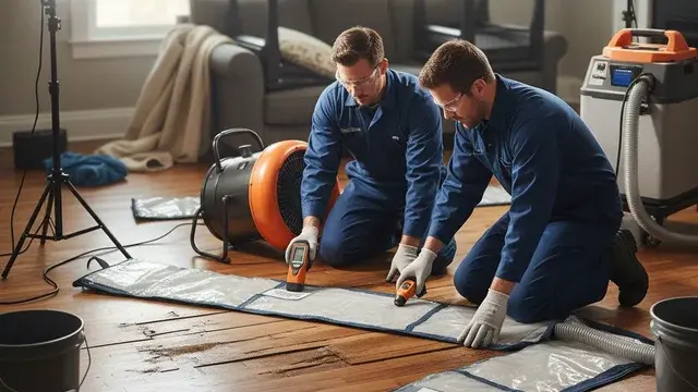 Hardwood floor water damage restoration with specialty drying mats