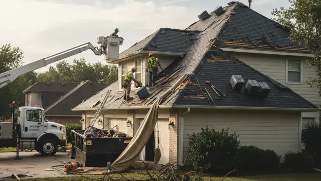 Storm damage restoration crew repairing a severely damaged roof after a storm