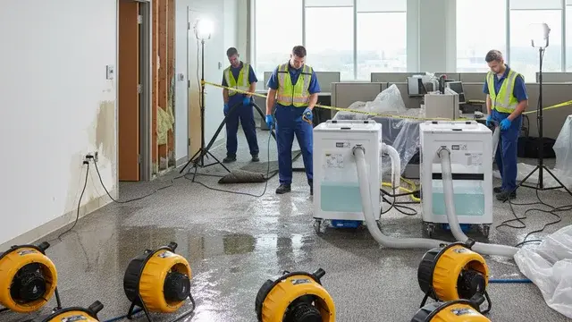 Water mitigation crew installing drying equipment and containment